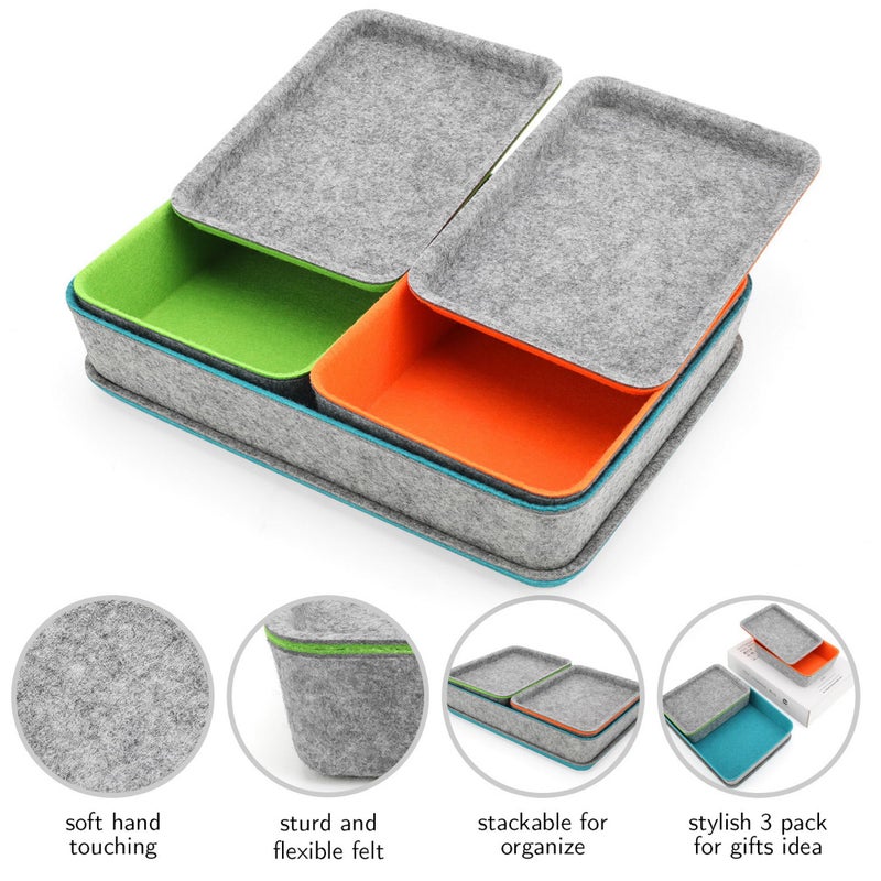Welaxy stackable Lidded drawer organizer bins home office work desktop storage box with lid for junk makeup stationery decluttering sorting 3-pack gift idea (Orange + Green + Turquoise) - Image 2